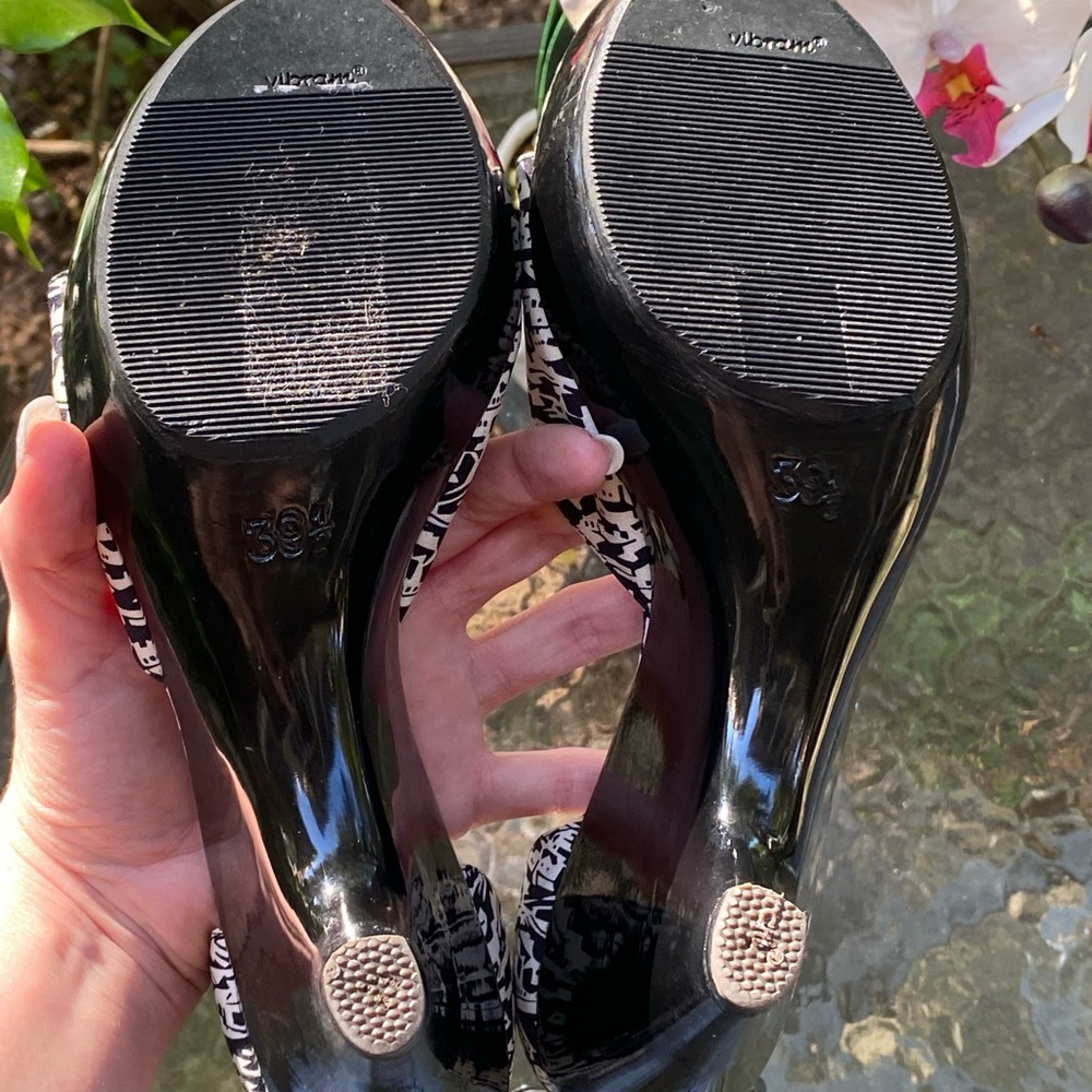 Chanel Vintage Black & White Logo Wedge Strappy Heels - Picture 15 of 16